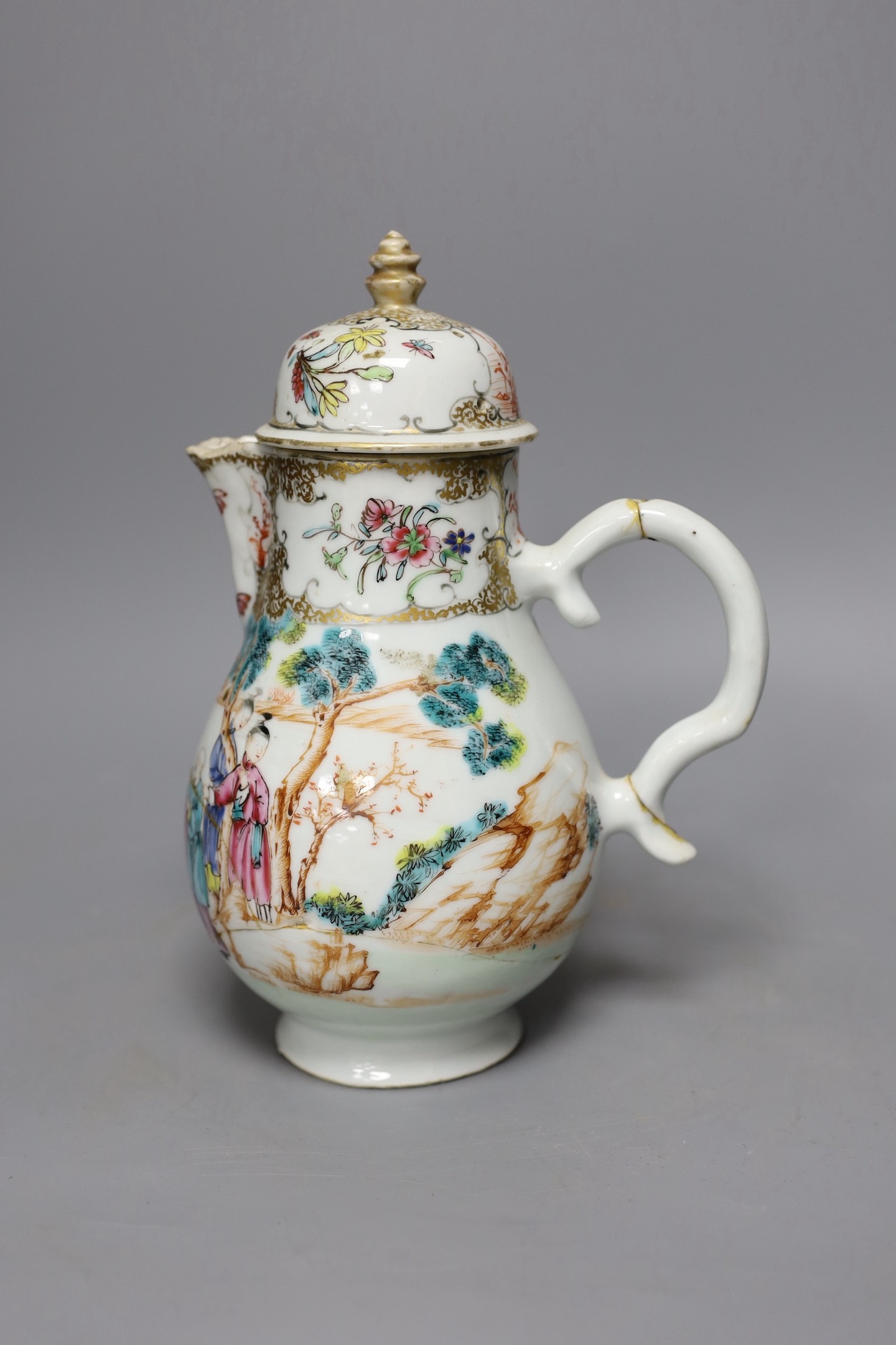A Sunderland pink lustre sailor's bowl, marked Scott(?), together with a Paris porcelain 'one bowl more and then' bowl, and a 18th century Chinese famille rose hot water pot, tallest 23cm (3)